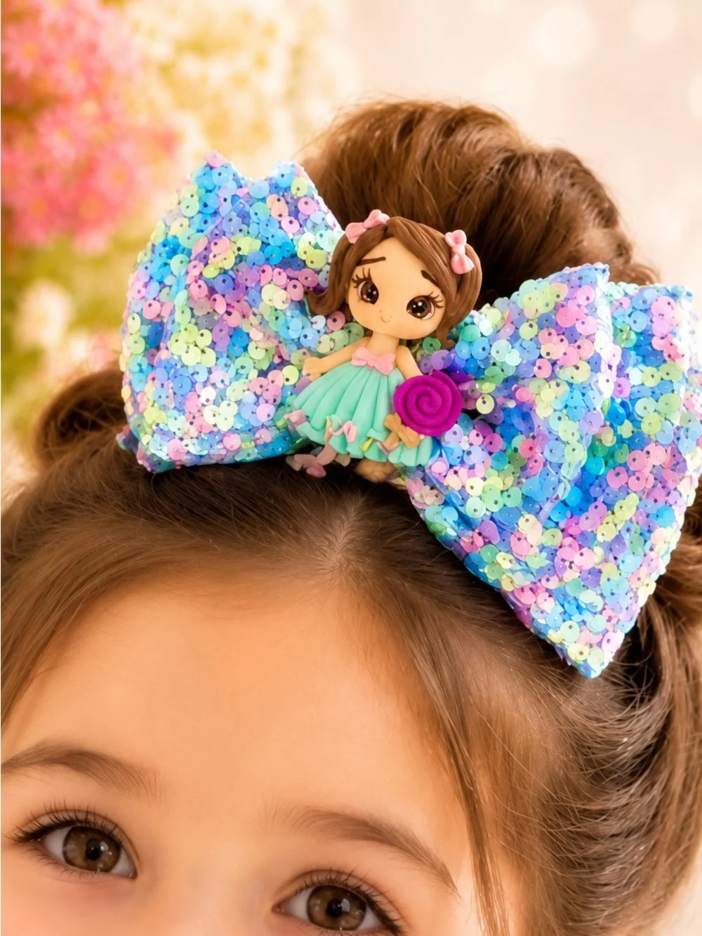 Sequin Pastel Bow Hair Clip with Doll Accent - Multicolor